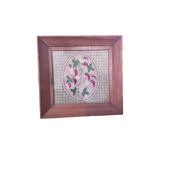 Vtg Embroidered Cross Stitch Strawberries on Vine Folk Art Wood Framed Cottage - Picture 1 of 5